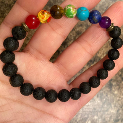 Bracelet with 7 Chakra Stones with Lava stone Diffuser Beads