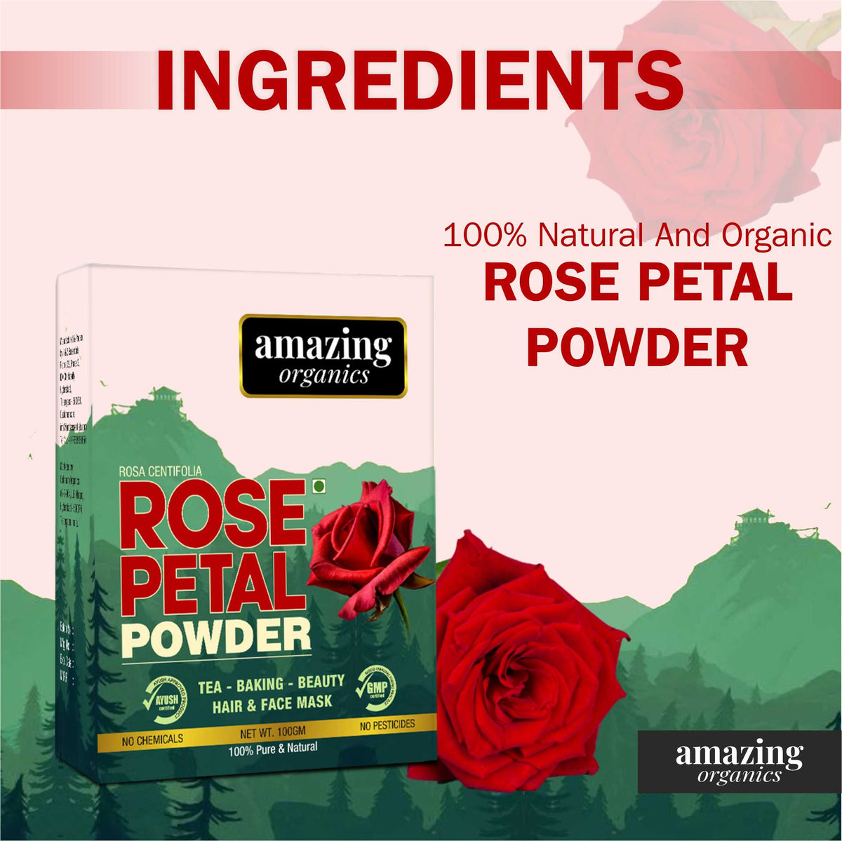 Organic Rose Petal Powder for Skin, Hair &amp; Health | Chemical Free | GMO free