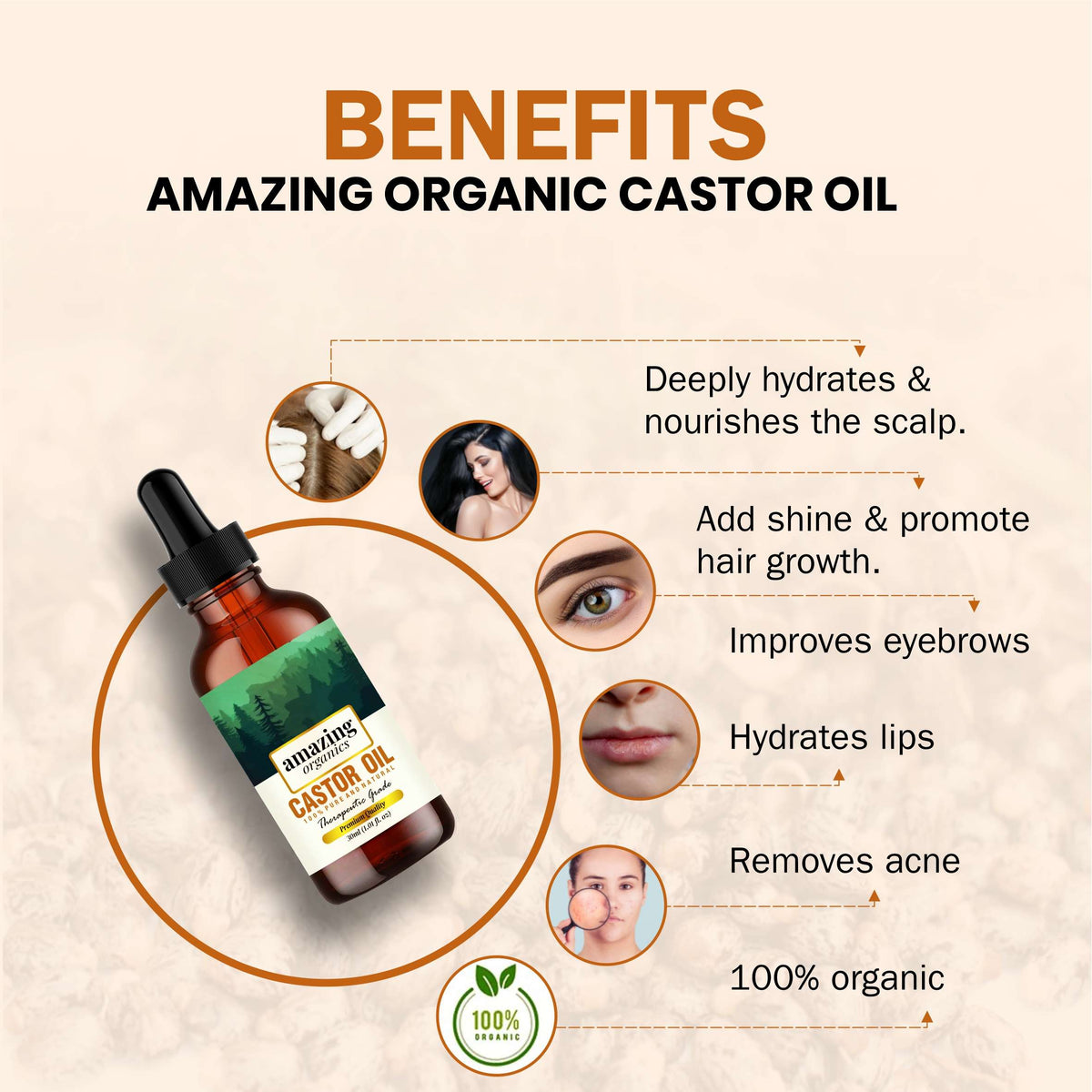 Pure Castor Oil Cold Pressed for Hair Growth, Reduce Acne Marks, Wrinkles, Soothing Sunburn