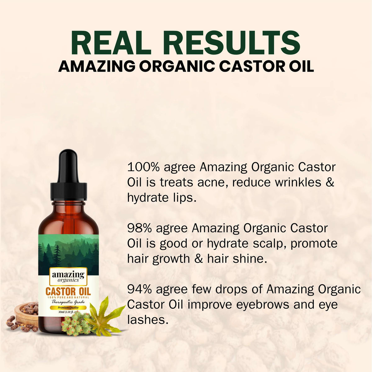 Pure Castor Oil Cold Pressed for Hair Growth, Reduce Acne Marks, Wrinkles, Soothing Sunburn