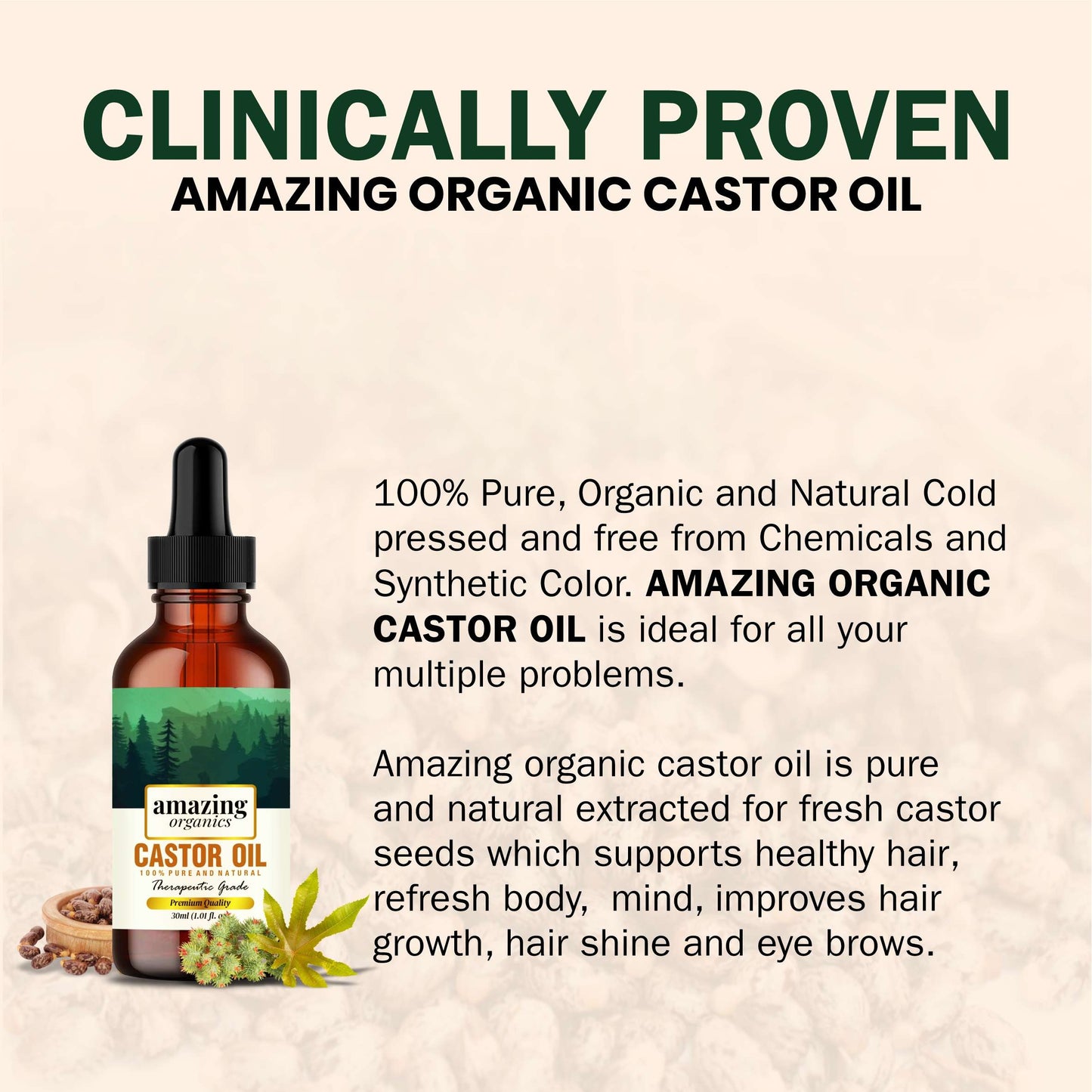 Pure Castor Oil Cold Pressed for Hair Growth, Reduce Acne Marks, Wrinkles, Soothing Sunburn