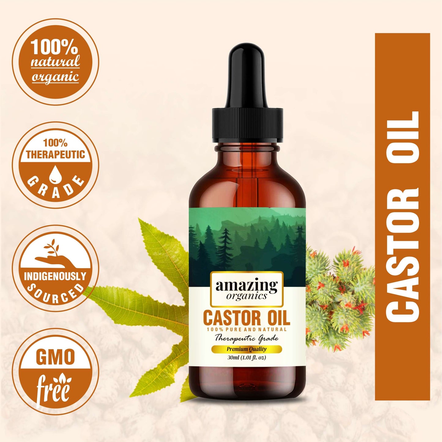 Pure Castor Oil Cold Pressed for Hair Growth, Reduce Acne Marks, Wrinkles, Soothing Sunburn