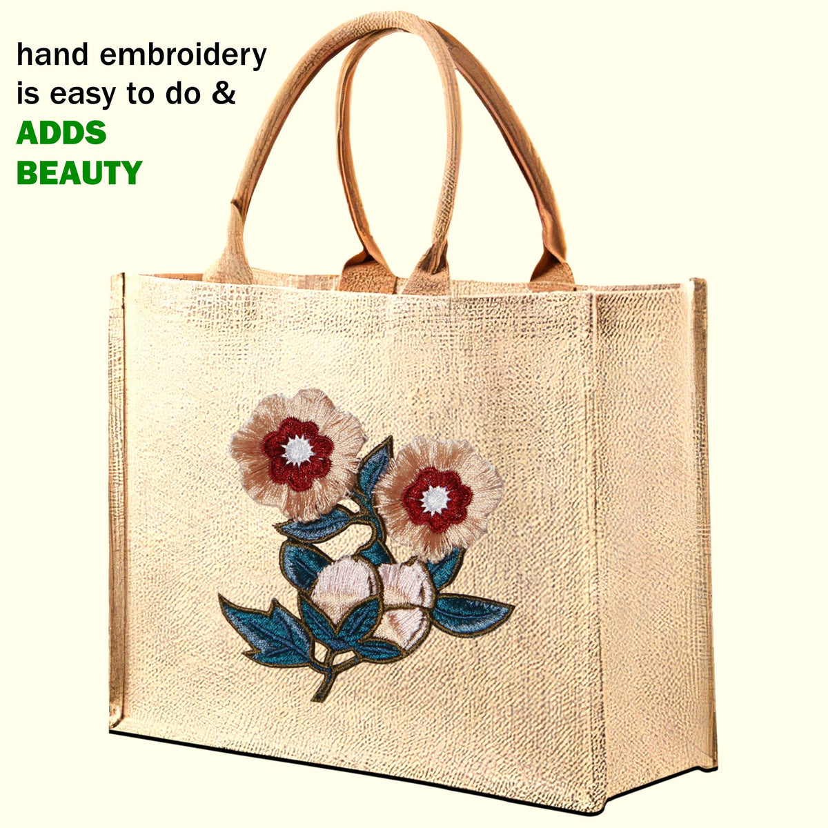 A set of Reusable jute tote bags, each with laminated interiors and handles