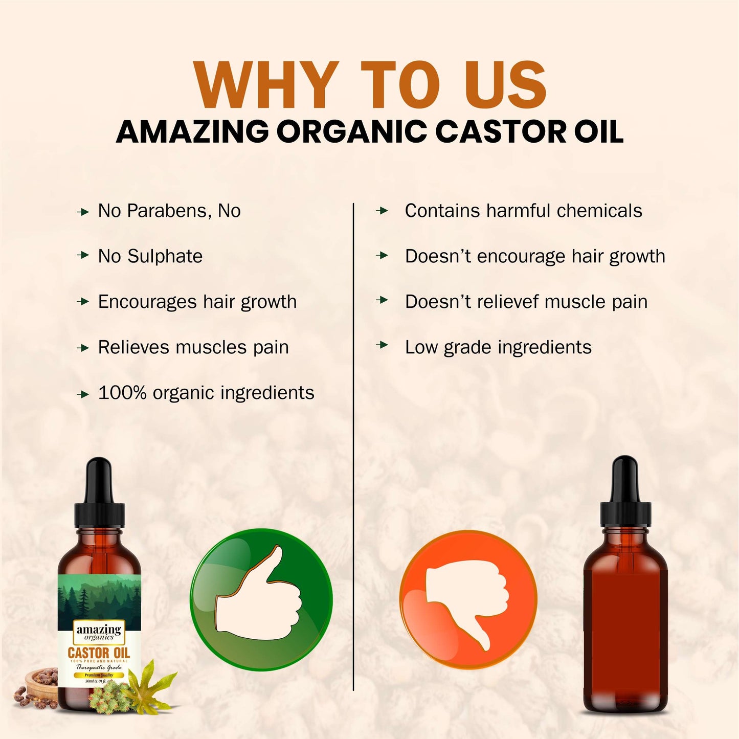 Pure Castor Oil Cold Pressed for Hair Growth, Reduce Acne Marks, Wrinkles, Soothing Sunburn